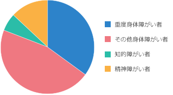 重度障がい者=35%、その他身体障がい者＝46%、知的障がい者＝6%、精神障がい者＝13%